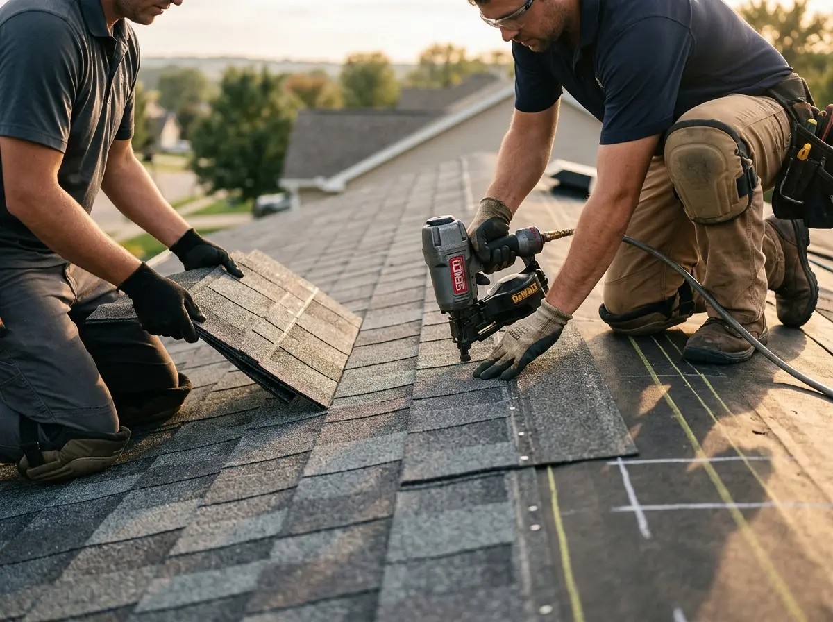Professional roofer working on a residential roof in Antelope